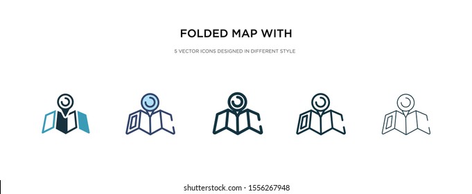 folded map with placeholder icon in different style vector illustration. two colored and black folded map with placeholder vector icons designed in filled, outline, line and stroke style can be used