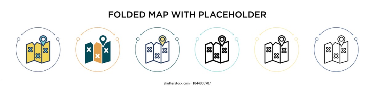 Folded map with placeholder icon in filled, thin line, outline and stroke style. Vector illustration of two colored and black folded map with placeholder vector icons designs can be used for mobile, 
