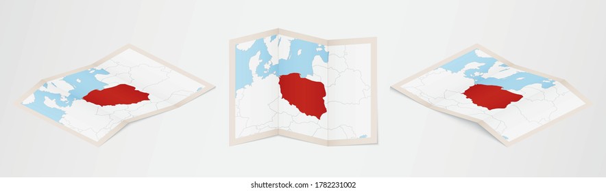 Folded map of Poland in three different versions. Vector map of Poland.