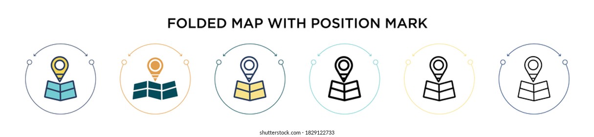 Folded map with position mark icon in filled, thin line, outline and stroke style. Vector illustration of two colored and black folded map with position mark vector icons designs can be used for 