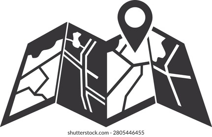 Folded map with a prominent location pin, representing GPS navigation, destination finding, mapping services, travel planning, and location tracking applications