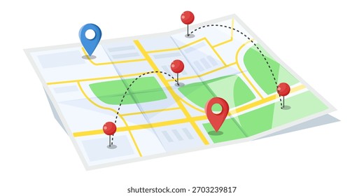 Folded map with red and blue location pins, dotted route lines, and green park areas on white background. Concept of navigation and travel. Vector illustration