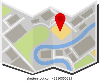 Folded map with red pin.Map icon illustration. City map vector isolated background