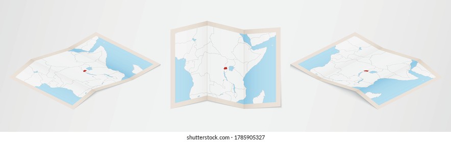 Folded map of Rwanda in three different versions. Vector map of Rwanda.