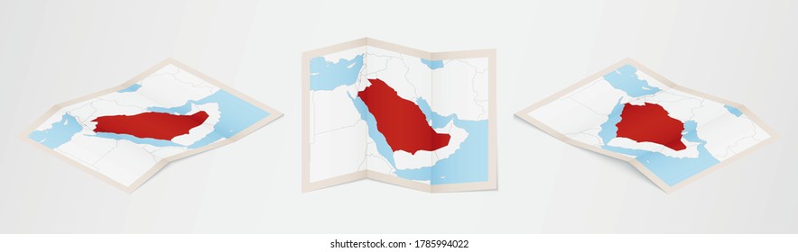 Folded map of Saudi Arabia in three different versions. Vector map of Saudi Arabia.
