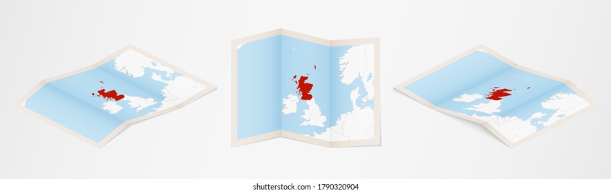 Folded map of Scotland in three different versions. Vector map of Scotland.