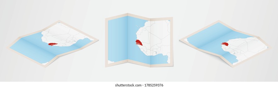 Folded map of Senegal in three different versions. Vector map of Senegal.
