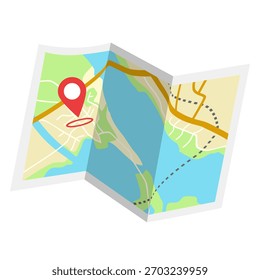 Gefaltete Karte mit Straßen, Wasserkörpern und einem roten Pin-Symbol im flachen Stil auf weißem Hintergrund. Konzept der Schifffahrt. Vektorgrafik