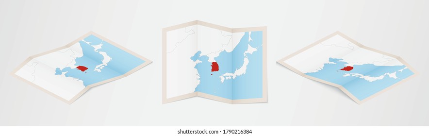 Folded map of South Korea in three different versions. Vector map of South Korea.