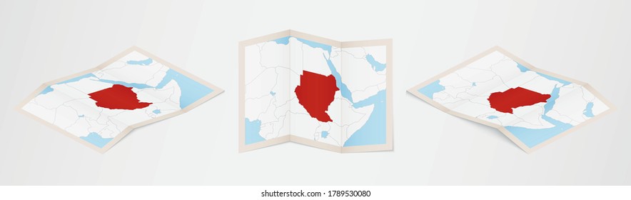 Folded map of Sudan in three different versions. Vector map of Sudan.