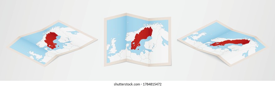 Mapa doblado de Suecia en tres versiones diferentes. Mapa vectorial de Suecia.