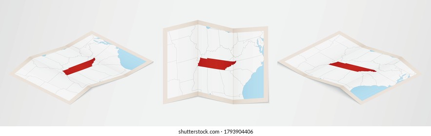 Folded map of Tennessee in three different versions. Vector map of Tennessee.
