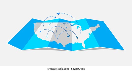 Folded map United States of America with airplanes. Vector illustration.
