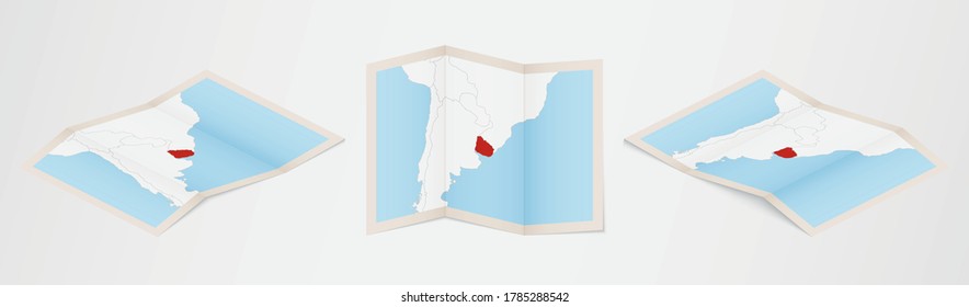 Mapa doblado de Uruguay en tres versiones diferentes. Mapa vectorial de Uruguay.