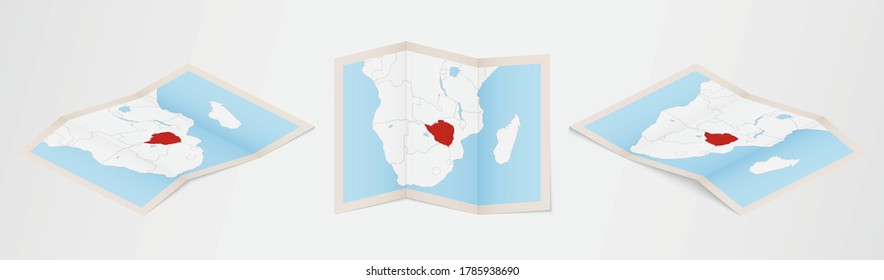 Folded map of Zimbabwe in three different versions. Vector map of Zimbabwe.
