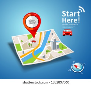 Folded maps car navigation with red color point markers concept design on blue background, Eps 10 vector illustration