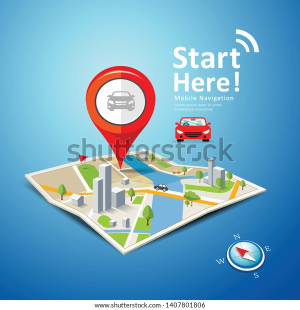 Folded maps car navigation\
vector with red color point markers design background,\
illustration