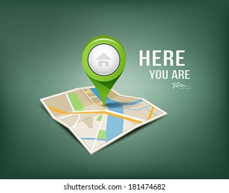 Folded maps with green color point markers design background, vector illustration