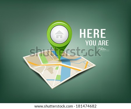Folded maps with green color point markers design background, vector illustration