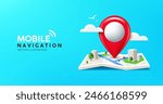 Folded maps mobile navigation, red pin location icon on building city street roads banner design on blue background, eps 10 vector illustration
