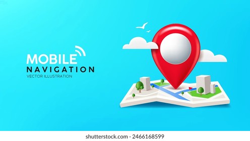 Folded maps mobile navigation, red pin location icon on building city street roads banner design on blue background, eps 10 vector illustration
