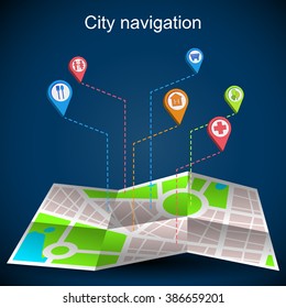 Folded maps navigation with colorful point markers. Design background. Vector illustration.
