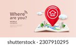 Folded maps navigation, red pin location icon on building city street roads design background, eps 10 vector illustration
