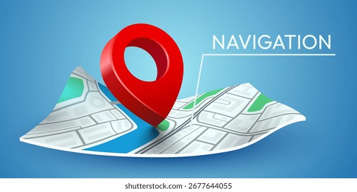 Navegación de mapas doblados con pin rojo de carretera. Ilustración vectorial