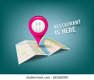 Folded maps with pink color point markers, restaurant is here design background, vector illustration