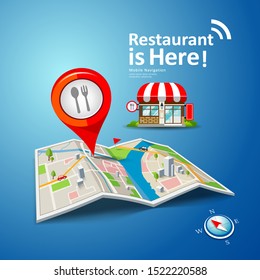 Folded maps vector with red color point markers, restaurant is here design background, illustration