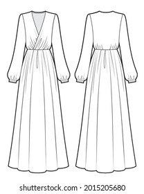 Folded maxi silk dress fashion sketch, romantic style , front, back view