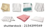 Folded napkins, kitchen towels or tablecloths in top and angle view. Vector realistic set of 3d fabric table clothes with gingham, plaid, striped and tartan pattern