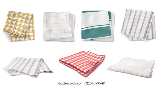 Folded napkins, kitchen towels or tablecloths in top and angle view. Vector realistic set of 3d fabric table clothes with gingham, plaid, striped and tartan pattern - Shutterstock ID 2154399549