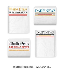 Folded newspaper mockup. Blank background for news page template. Daily newspaper journal design template. Horizontal and vertical folded newspaper layout. Vector illustration.