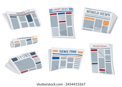 Folded newspapers. Modern news publications. Newspaper icons set. Periodical printing products, daily news and sport, food and medicine, business information, latest press.