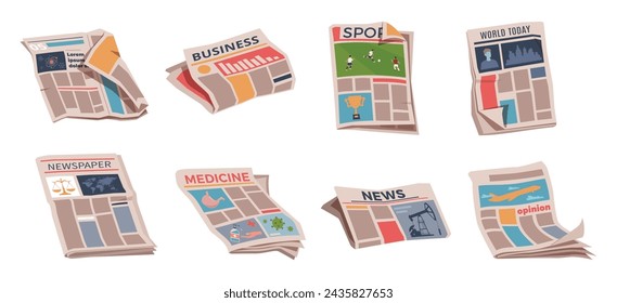 Folded newspapers. Periodical printing products, daily news and sport, food and medicine, business information, latest press, publications, cartoon flat style isolated nowaday vector set