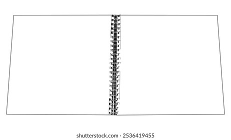 Cuaderno doblado en anillos para notas, cuaderno abierto para notas, hojas blancas para decoración y diseño, maqueta de cuadernillo en blanco con pliego, hoja de papeles con doblez de Vertical en el medio