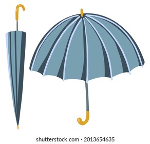 Folded And Open Umbrella. Hand Drawn Vector Stock Illustration. Colored Cartoon Doodle Of Rain Accessory. Single Drawing Isolated On White. Element For Design, Print, Sticker, Card, Decoration, Wrap.