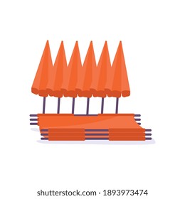 Paraguas de playa de color naranja plegado sobre fondo blanco, ilustración vectorial plana