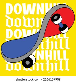 FOLDED ORANGE BLUE SKATEBOARD ON YELLOW BACKGROUND DOWNHILL