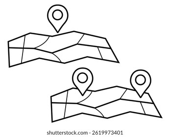Folded outline map with destination pins. Vector icon and isolated line elements.  