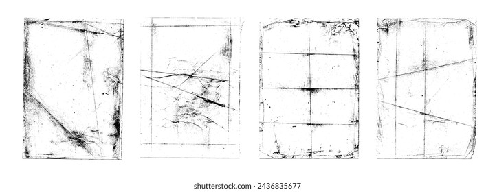 Folded pages with vintage grunge overlay texture. Old worn overlay distressed background. Hand drawn poster mockups with crumpled texture effect and creases. Grunge vector frames.