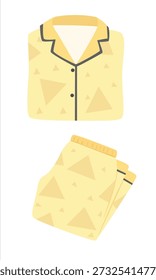 Vector de pijama doblado en estilo de dibujos animados planos. Conjunto de pijama amarillo con patrón de triángulo geométrico. Acogedor Clipart de ropa de cama aislado. Ropa de noche, Clipart de ropa de dormir. Elemento de suspensión