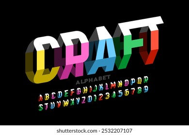 Folded paper 3d style font design, alphabet letters and numbers vector illustration