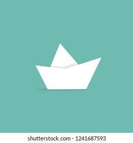 folded paper boat isolated on turquoise with word ahoy. Powder blue background. Summertime  marine greeting card. Travel logo. Vector illustration. 