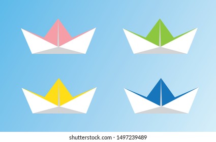Folded paper boat vector set isolated on light blue background.