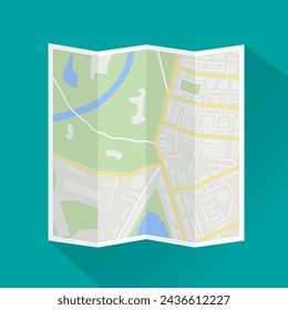 Folded paper city map. Abstract generic city map with roads, buildings, parks, river. City map icon with long shadow. Street map and direction. vector illustration