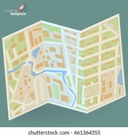 Folded paper city map flat design vector concept for navigation service. Tourist guide travel map. 