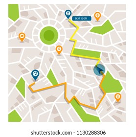 Folded paper city map with red pin pointer, vector illustration