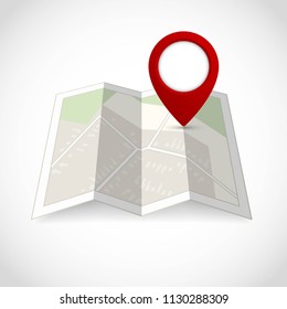 Folded paper city map with red pin pointer, vector illustration